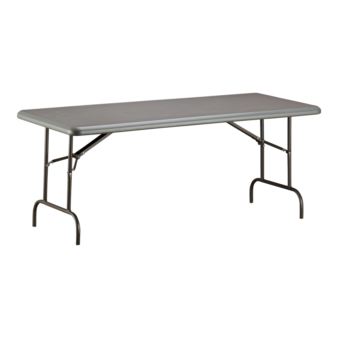 A charcoal six-foot folding table.