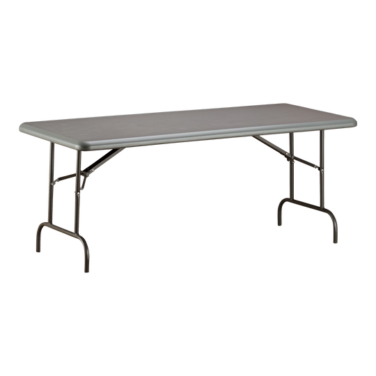 A charcoal six-foot folding table.