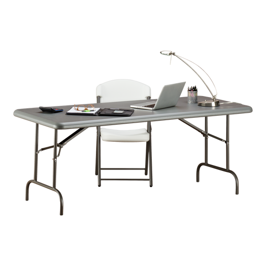 A charcoal table with office supplies on top.