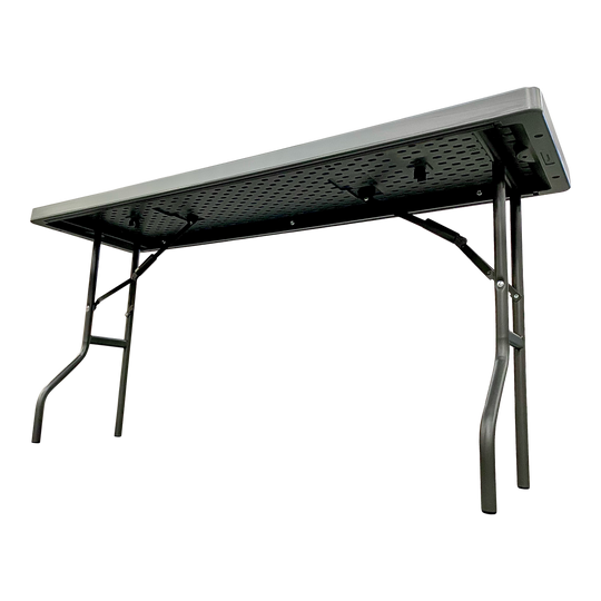 The underside view of a charcoal table. 