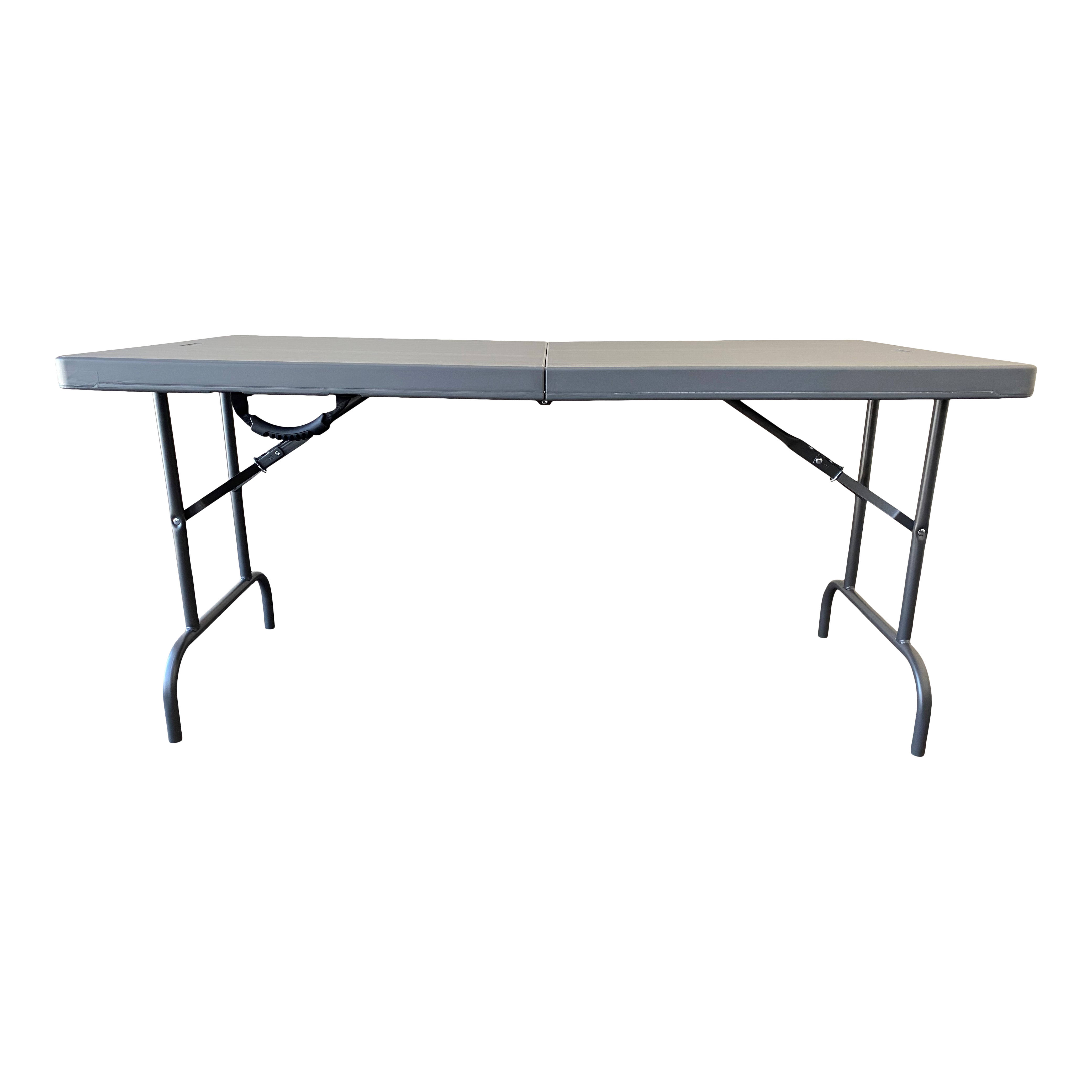 A charcoal five-foot bi-fold folding table.
