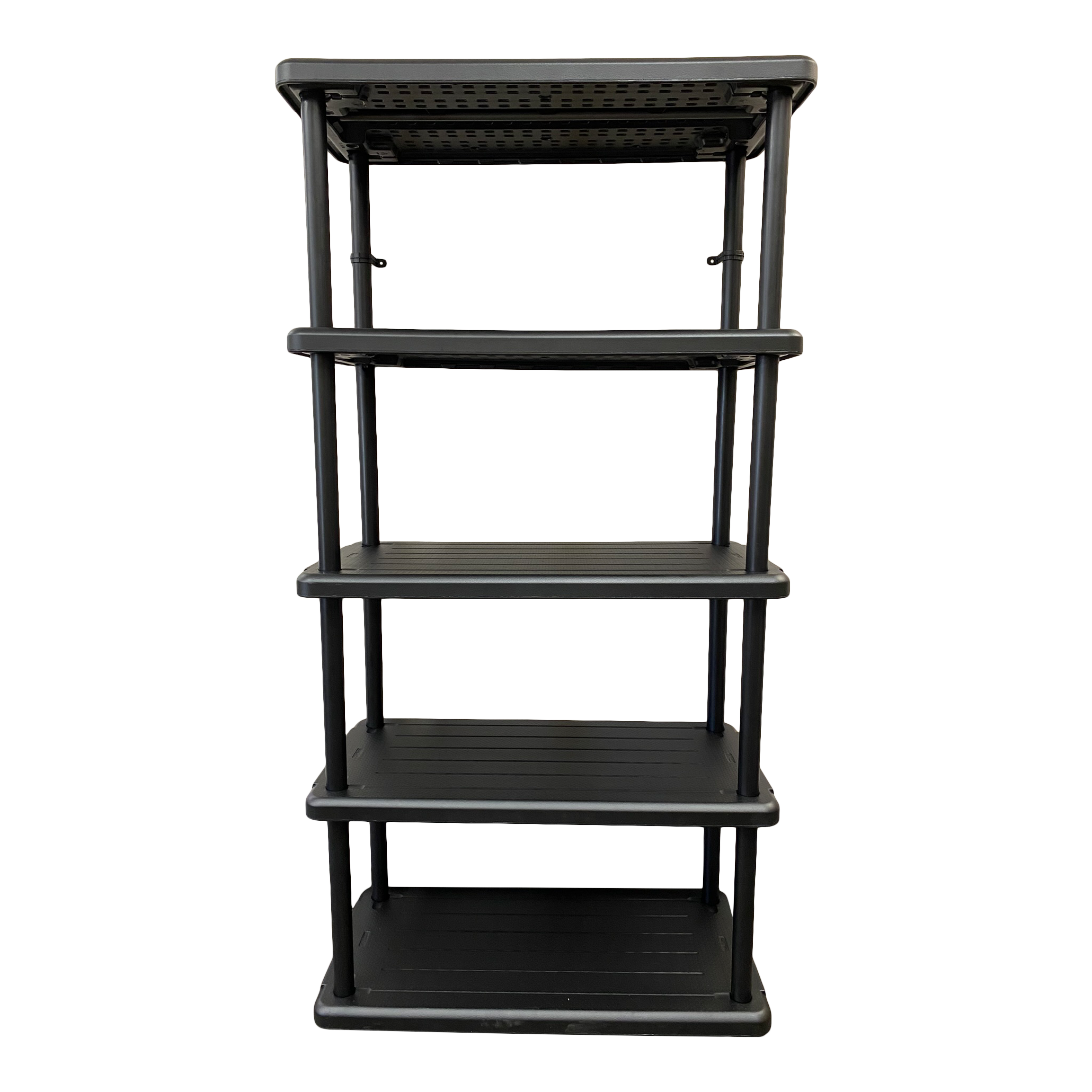 A black five-shelf open storage unit.