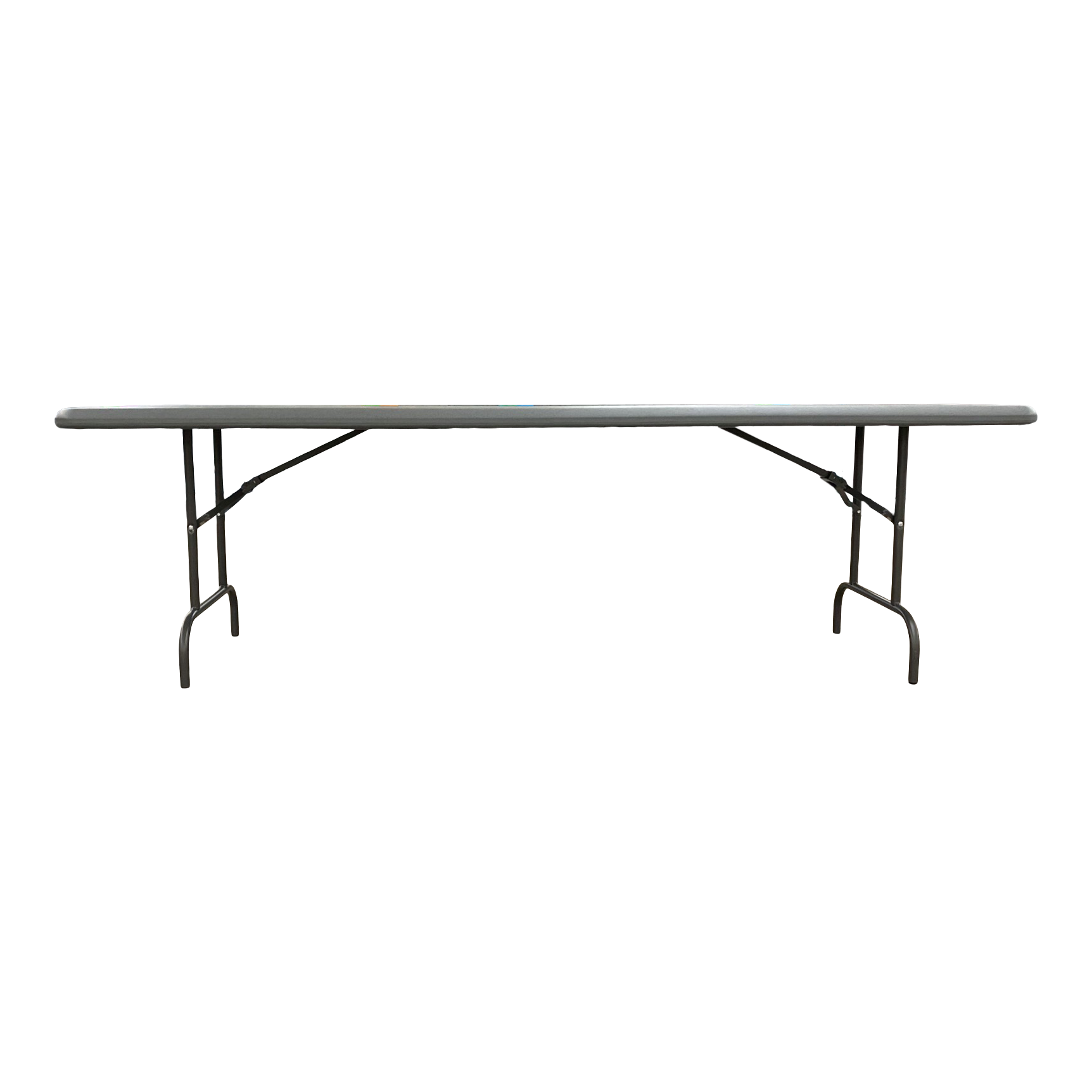 A charcoal eight-foot folding table.