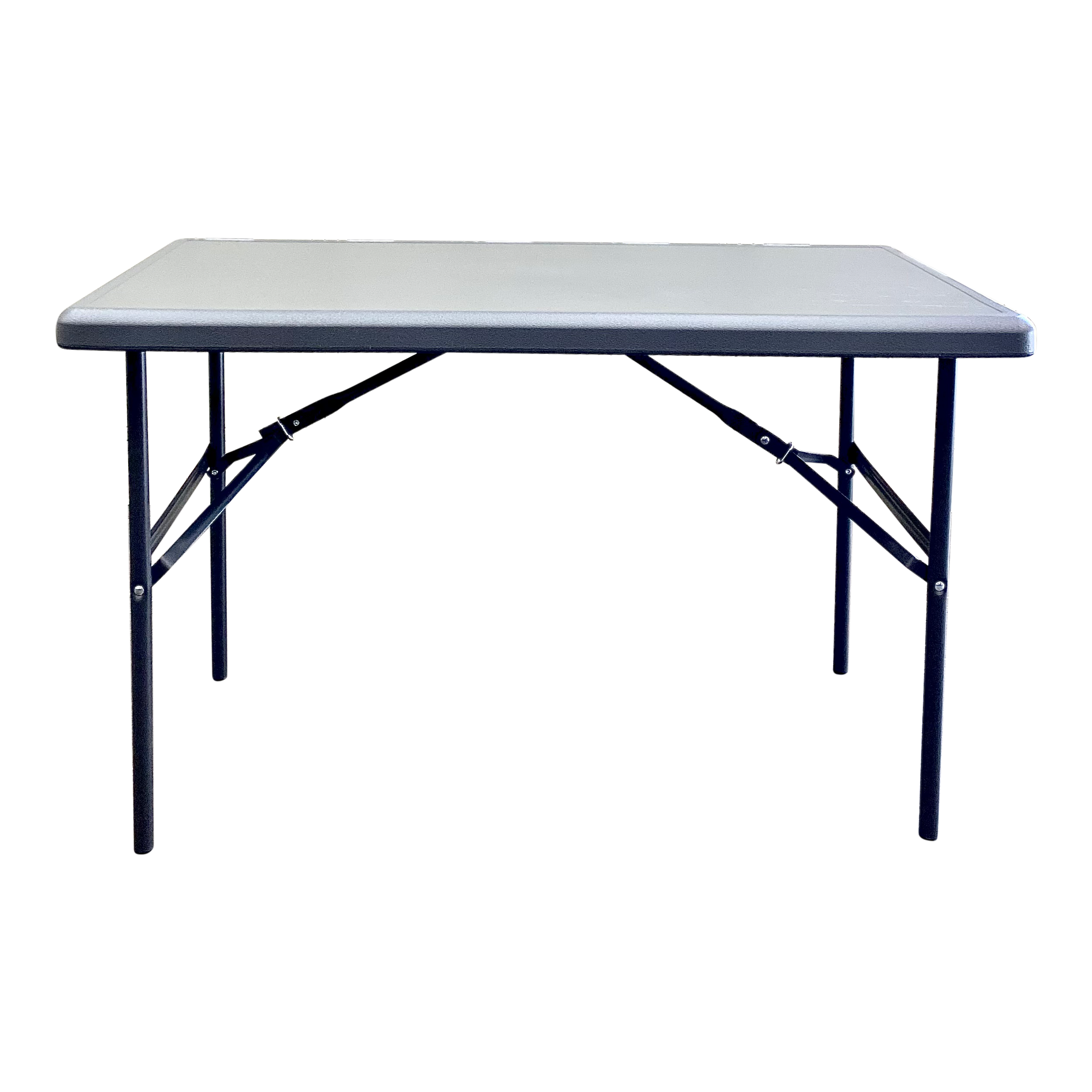 A charcoal four-foot folding table.