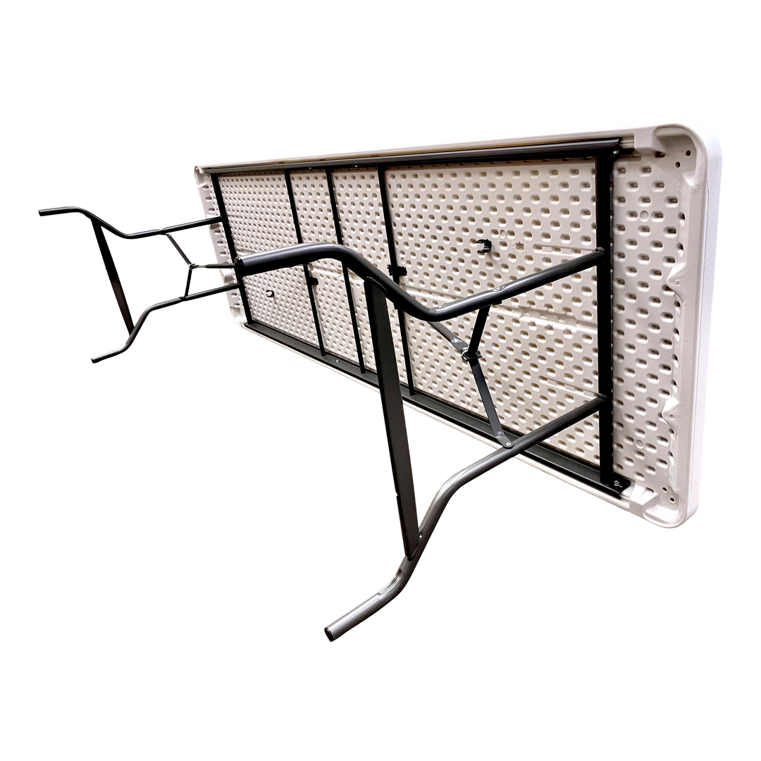 An underside view of a diagonal platinum table standing on its side. 
