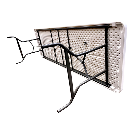 An underside view of a diagonal platinum table standing on its side. 