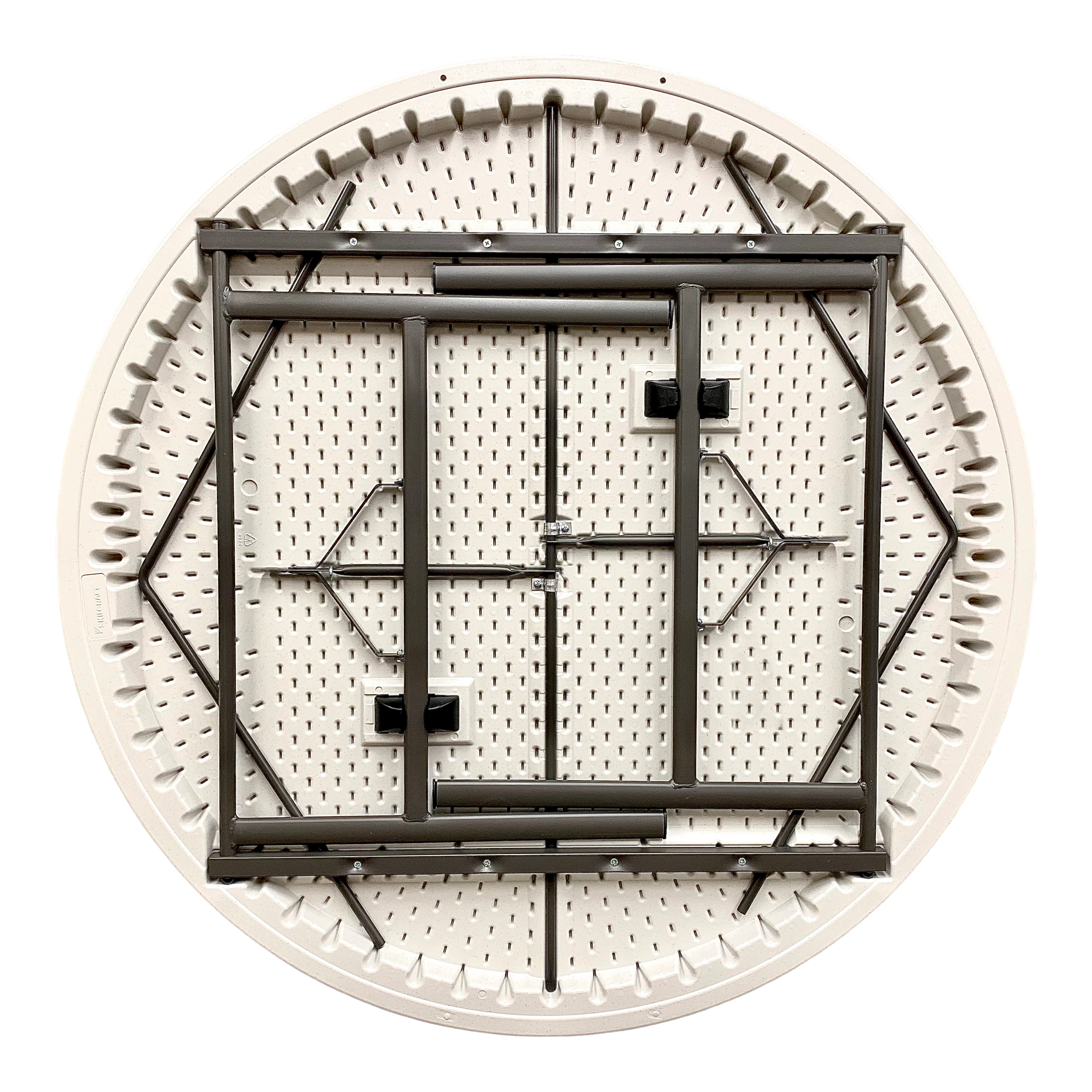 A picture of the underside of a platinum folded round table.