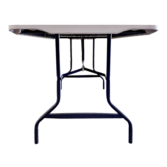 A close view of a platinum folding table. 