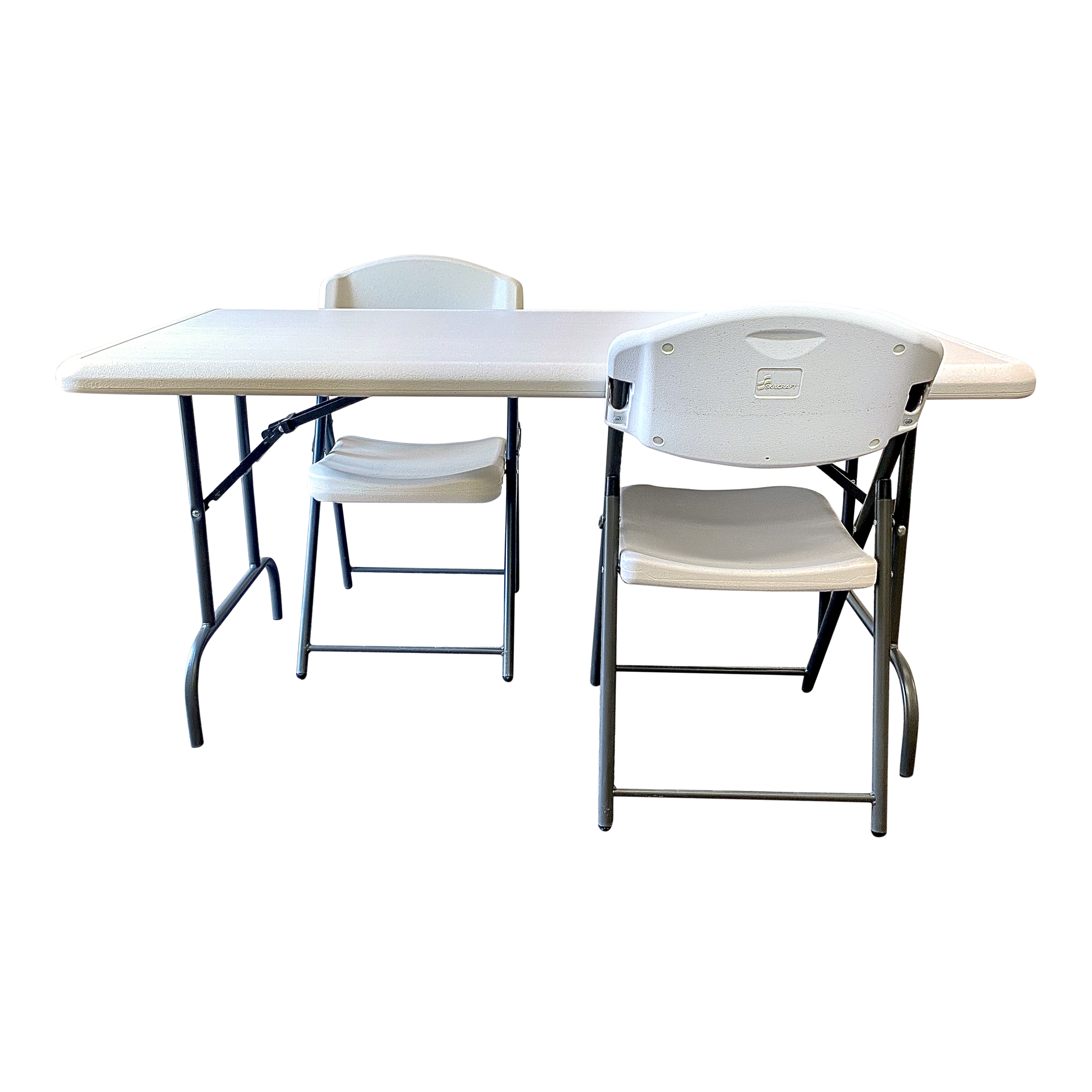 A platinum folding table with two platinum folding chairs around it.
