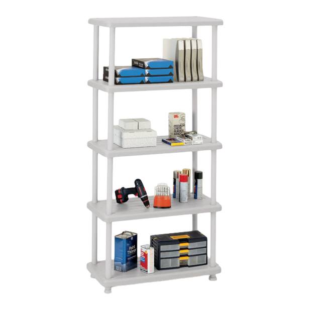 A platinum storage unit with its shelves filled with office supplies.