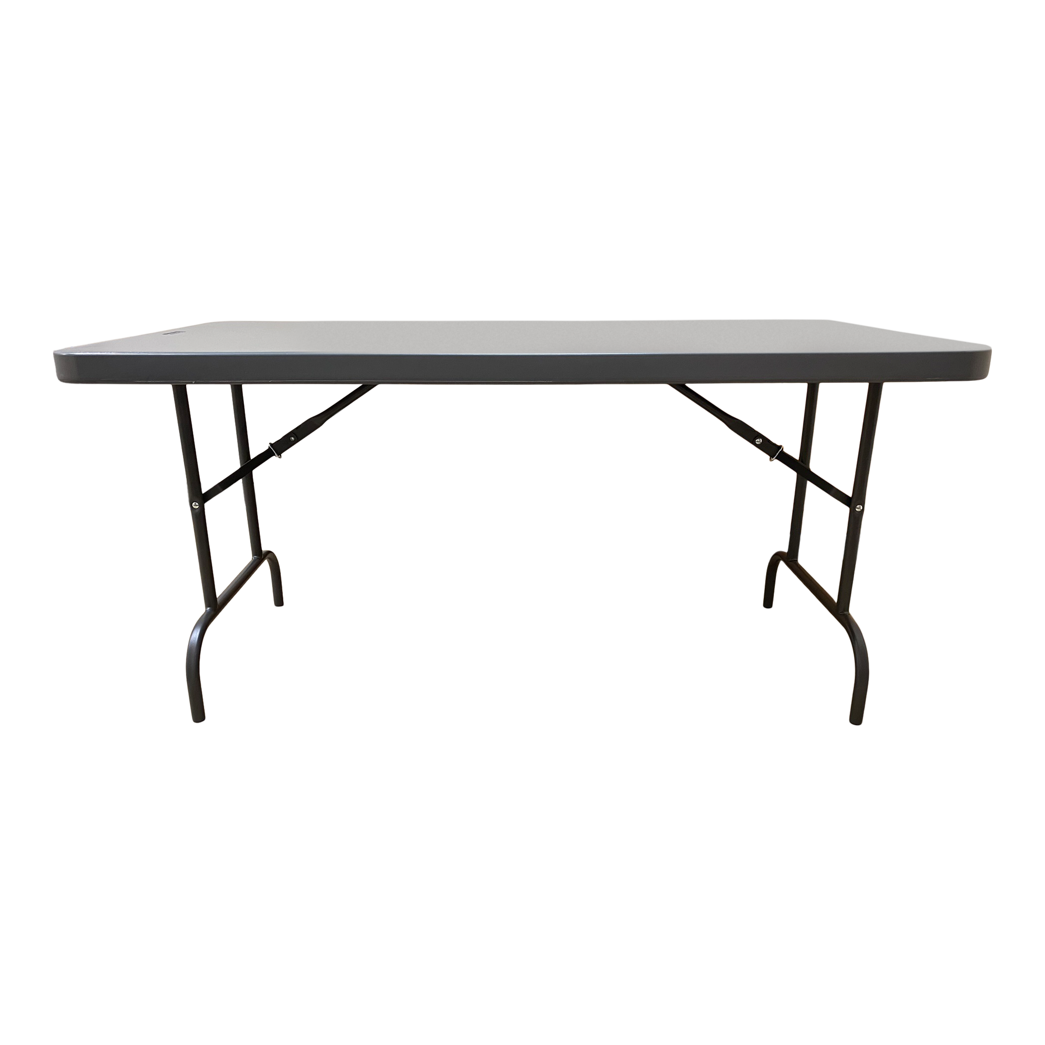 A charcoal five-foot folding table.