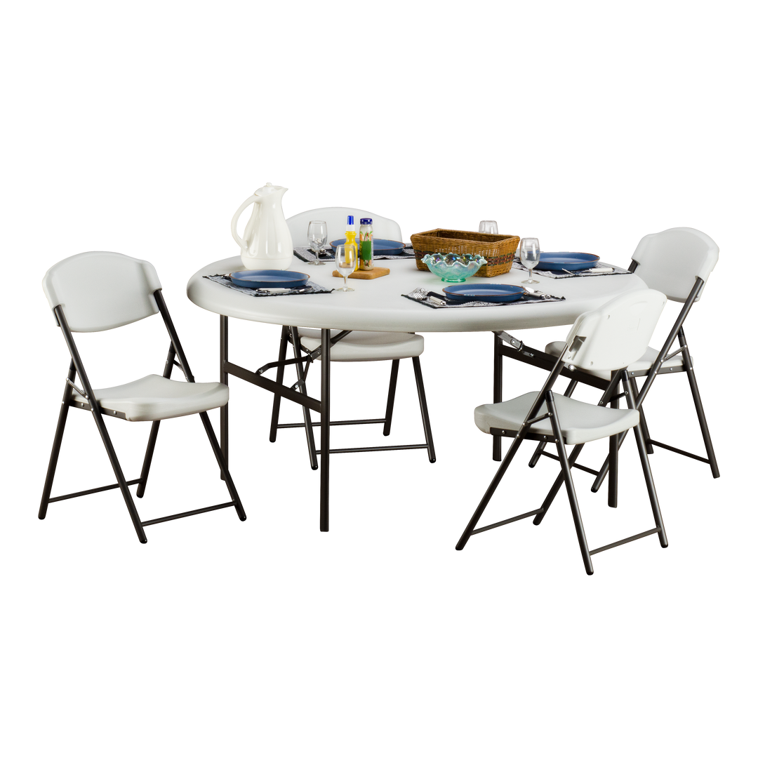 A platinum five-foot round folding table with four platinum chairs around it and office supplies on top.