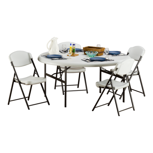 A platinum five-foot round folding table with four platinum chairs around it and office supplies on top.