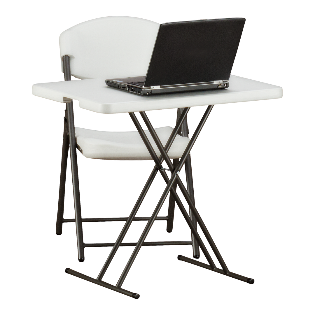 One platinum chair behind a platinum table. A laptop on top of the table.
