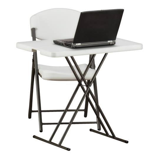 One platinum chair behind a platinum table. A laptop on top of the table.