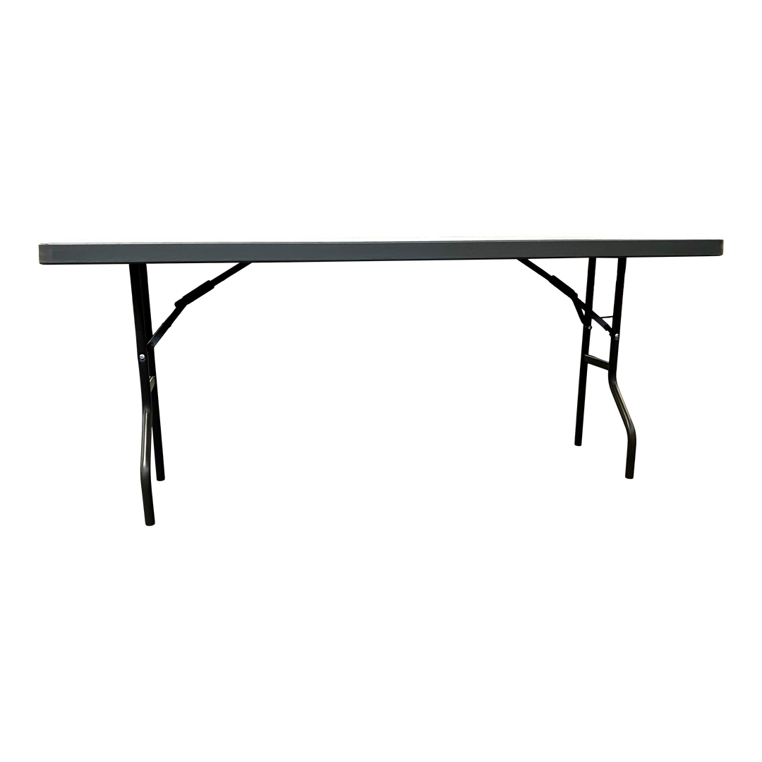 A charcoal six-foot utility folding table.
