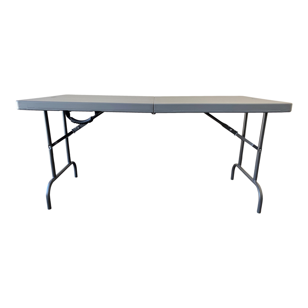 A charcoal five-foot bi-fold folding table.