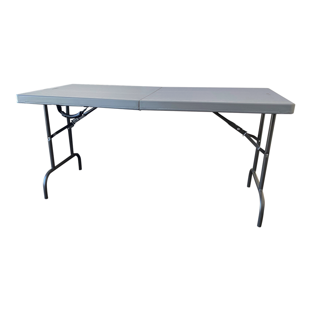 A picture of a charcoal bi-fold folding table. 