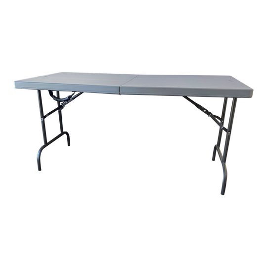 A picture of a charcoal bi-fold folding table. 