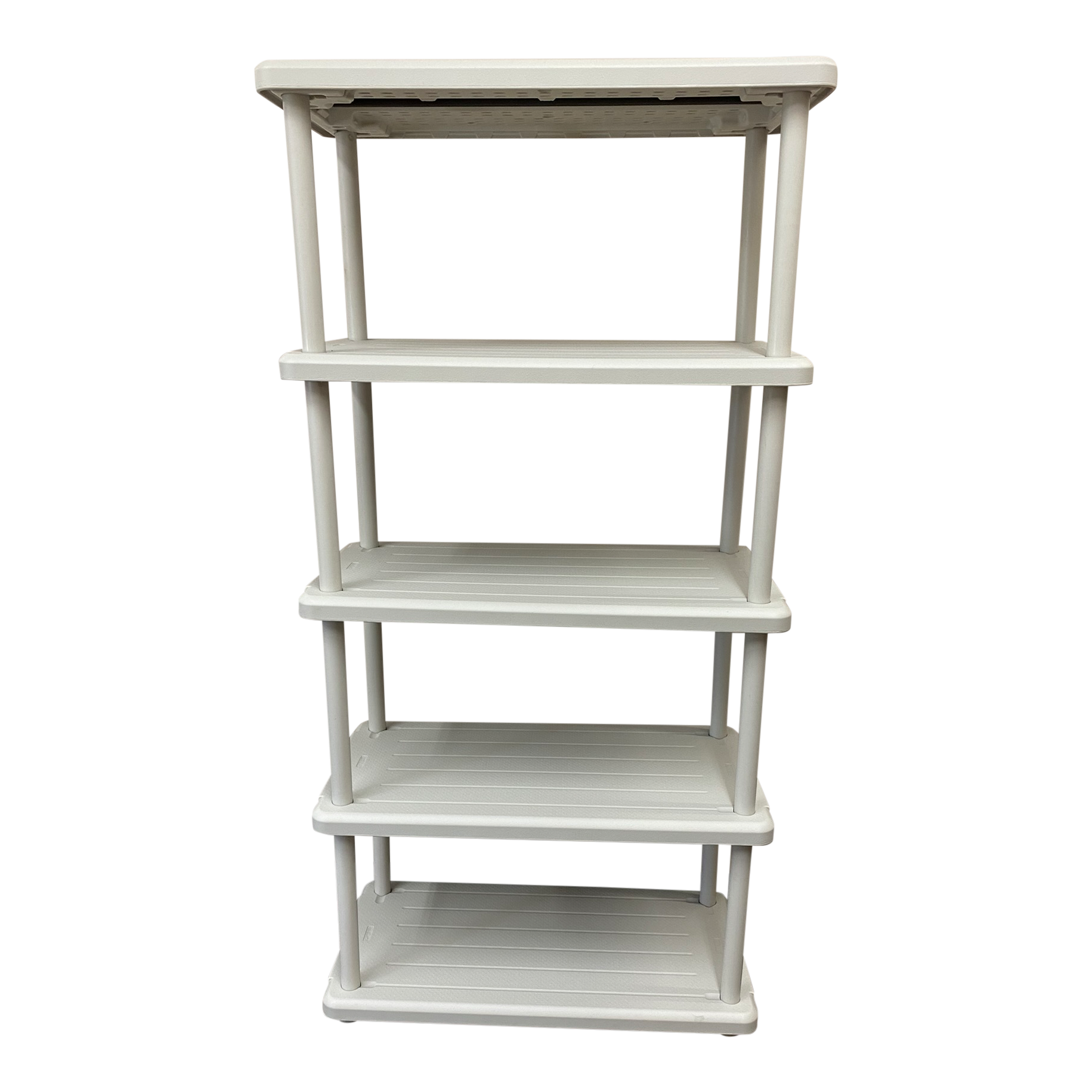 A platinum five-shelf open storage unit.