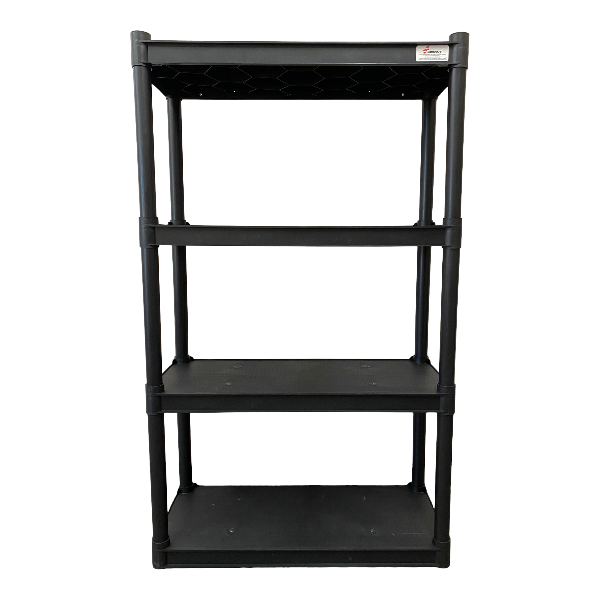 A black four-shelf open storage unit.