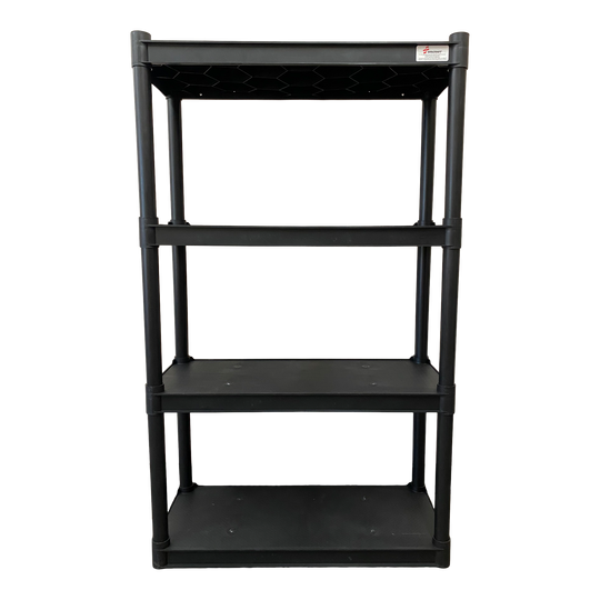 A black four-shelf open storage unit.