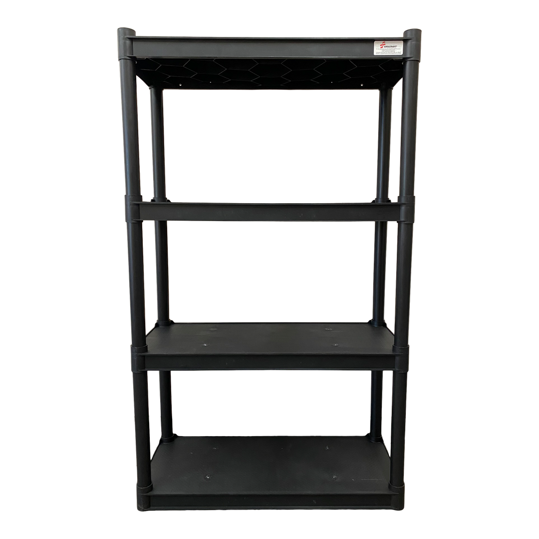 A black four-shelf open storage unit.