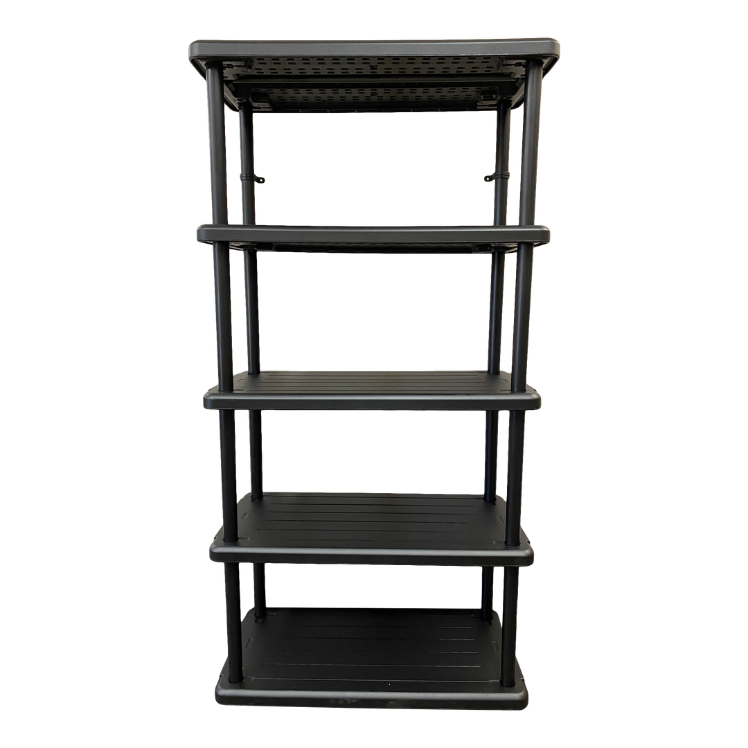A black five-shelf open storage unit.