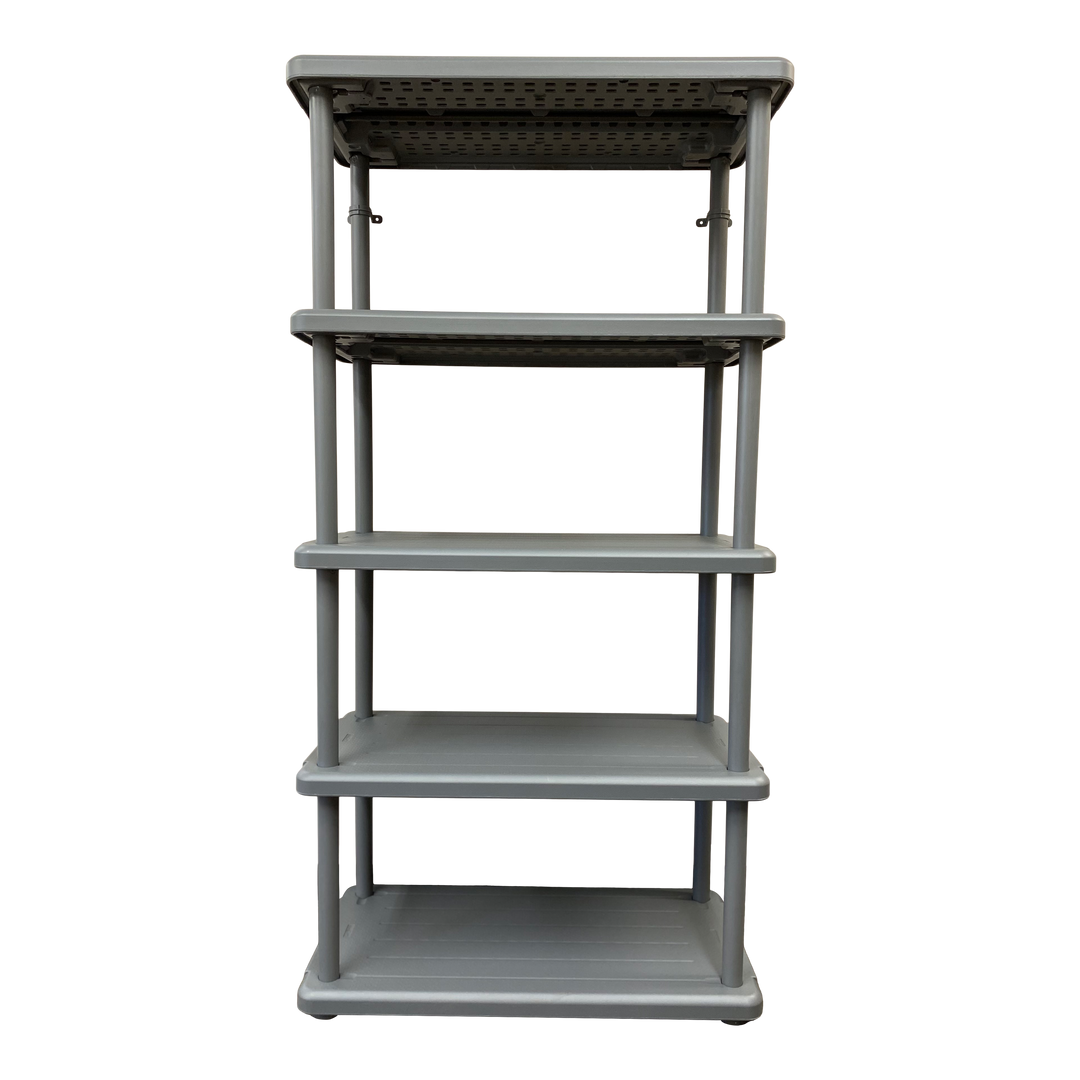 A charcoal five-shelf open storage unit.