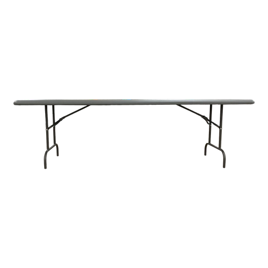 A charcoal eight-foot folding table.