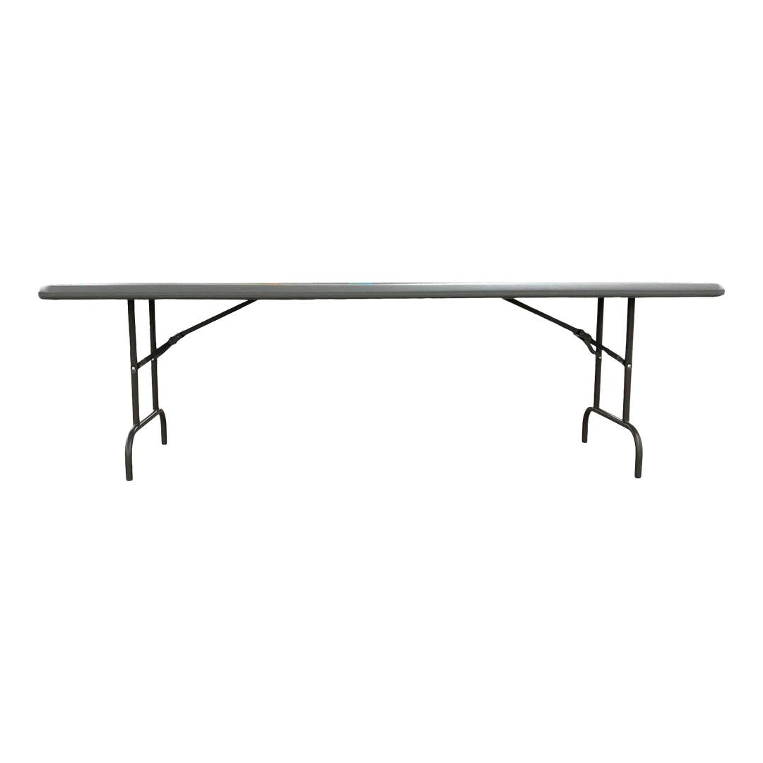 A charcoal eight-foot folding table.