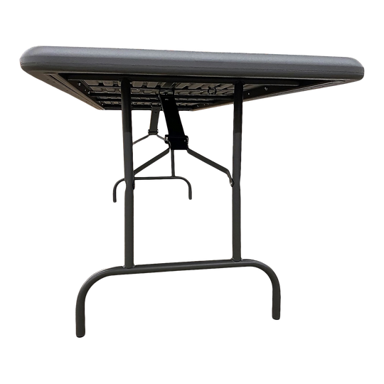 A close underside view of a charcoal table and its legs.