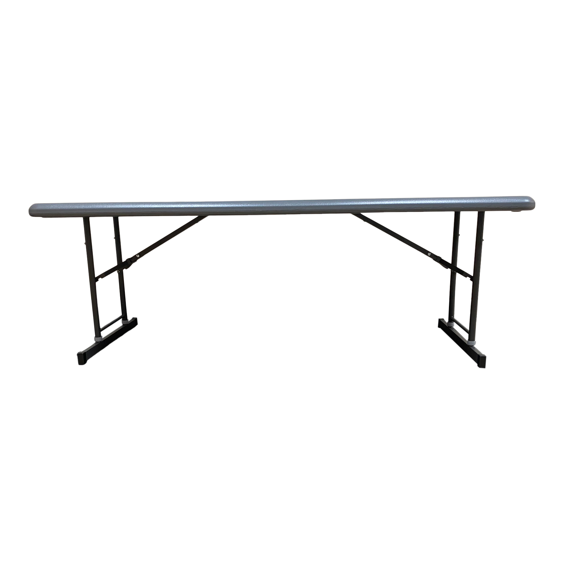 A charcoal six-foot adjustable folding table.