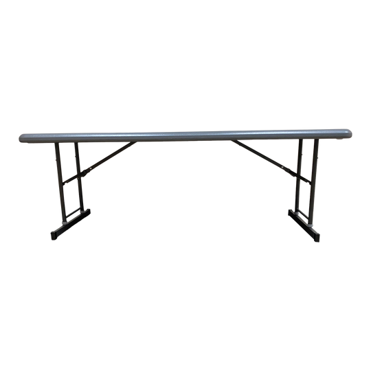 A charcoal six-foot adjustable folding table.