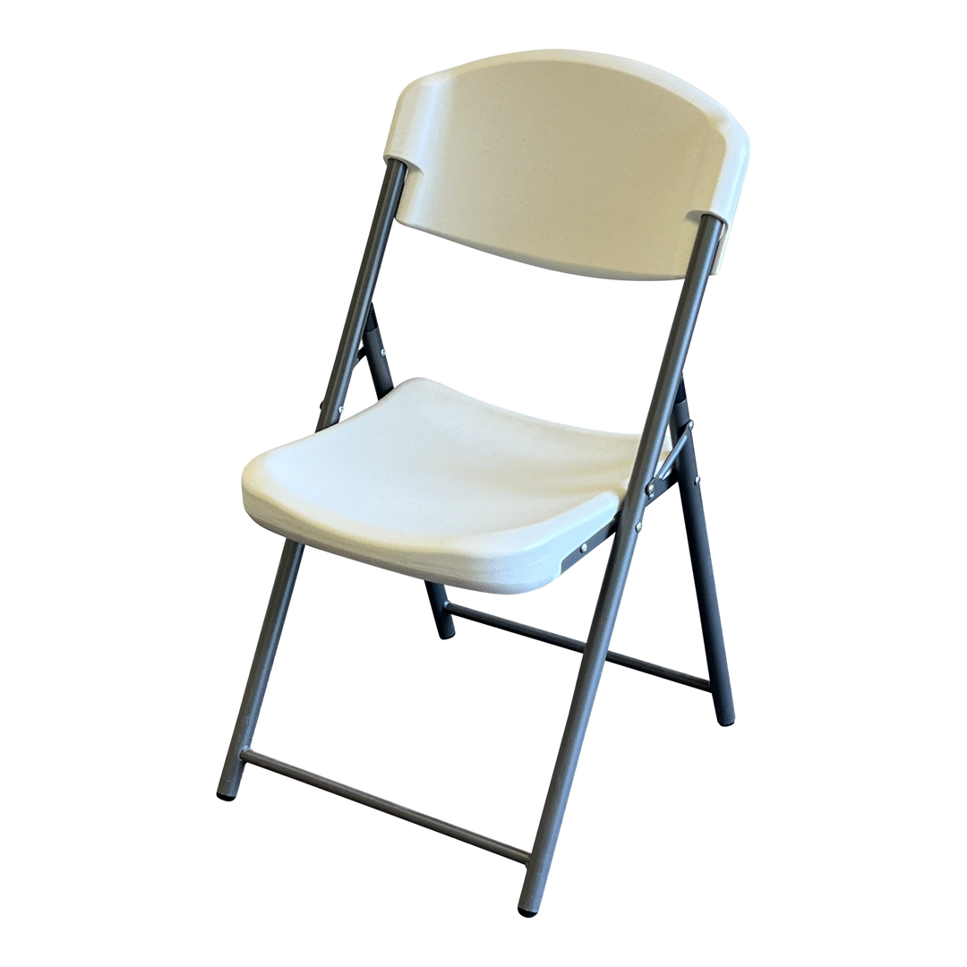 A diagonally facing platinum chair. 