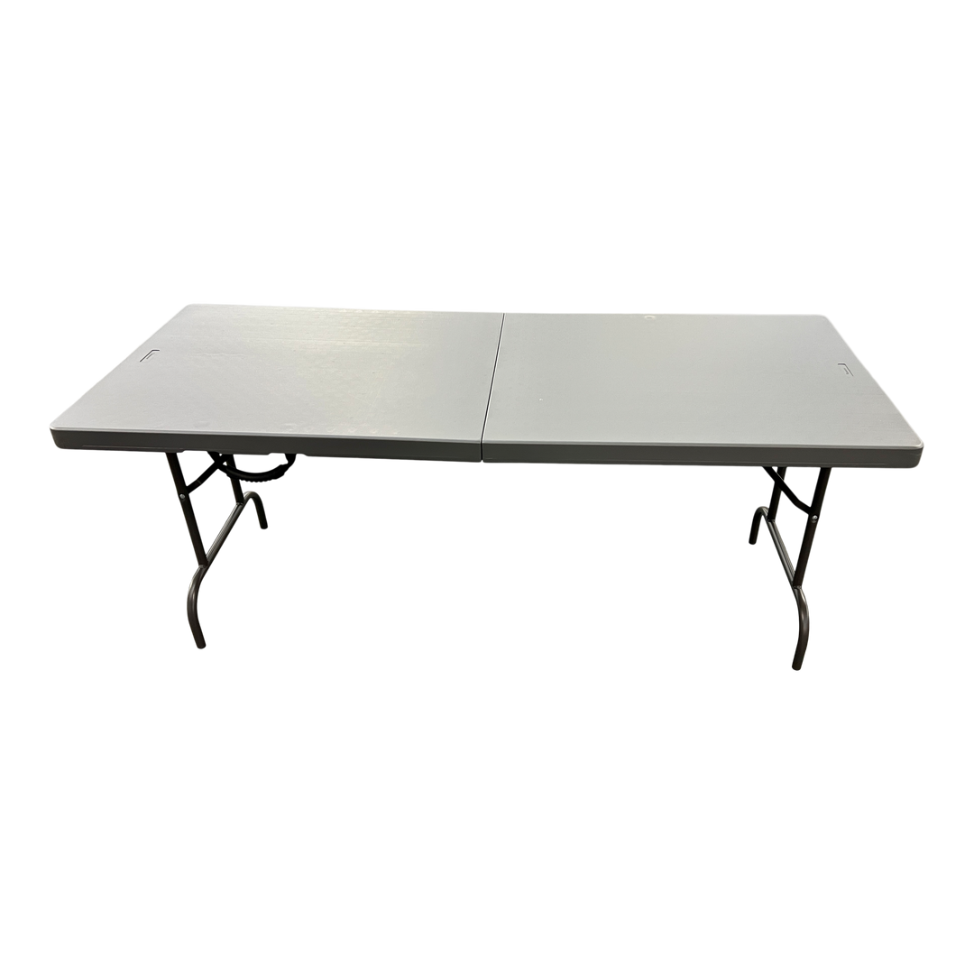 A charcoal six-foot bi-fold folding table. 