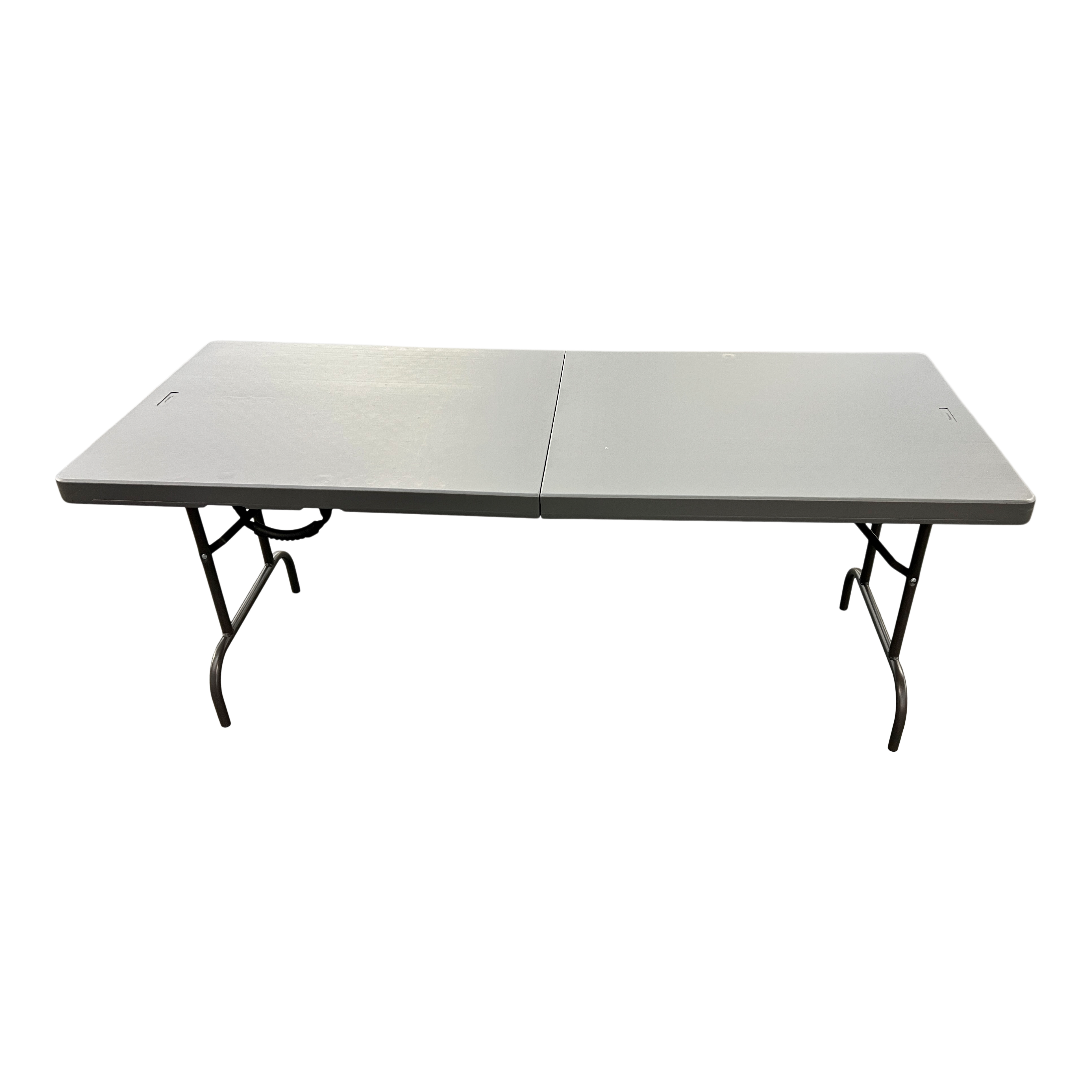 A charcoal six-foot bi-fold folding table. 