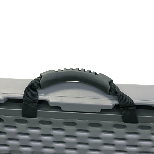 A picture of a closeup view of the handle of a charcoal bi-fold folding table.