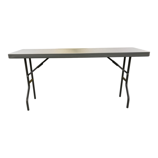 A charcoal five-foot utility folding table.
