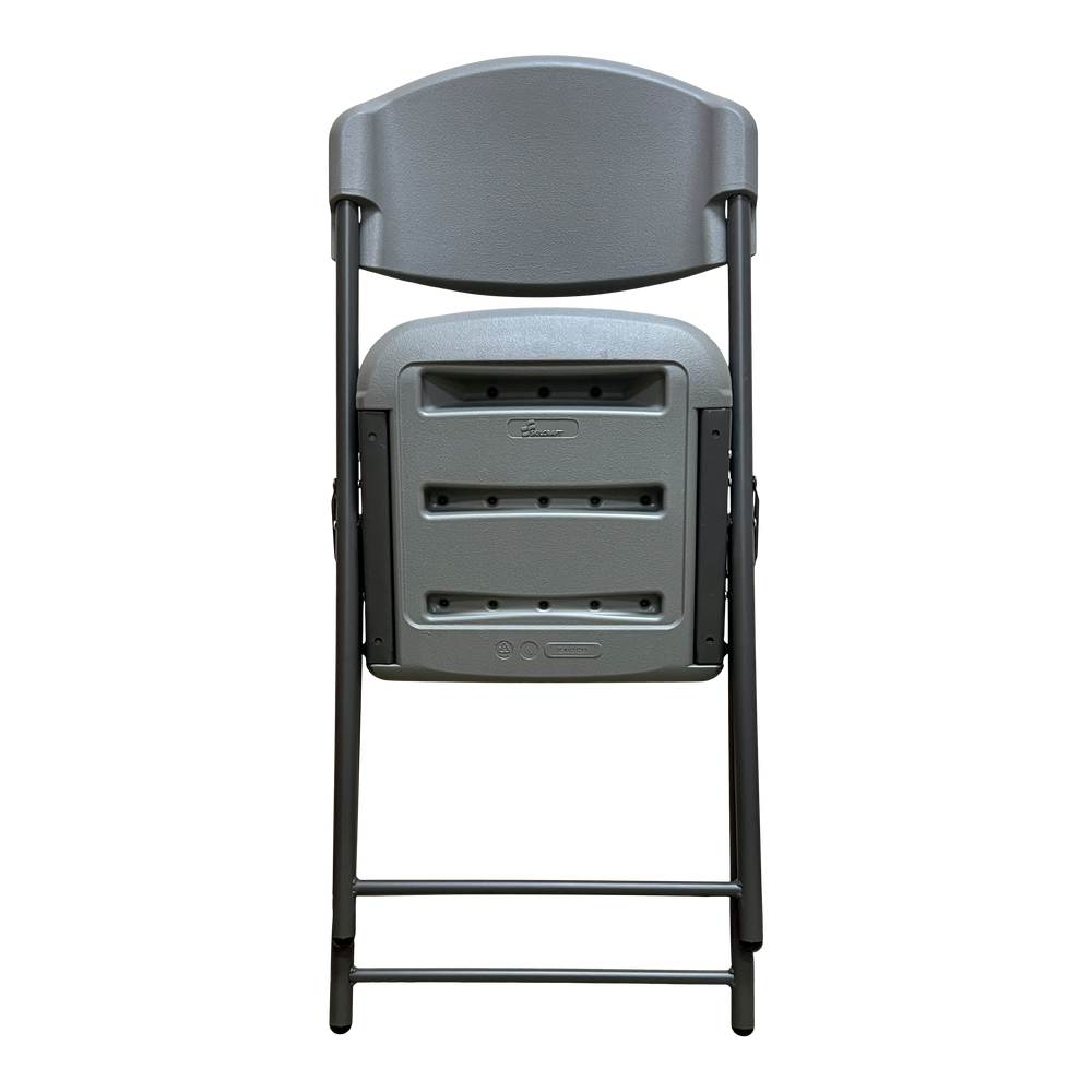 An upright folded charcoal chair. 