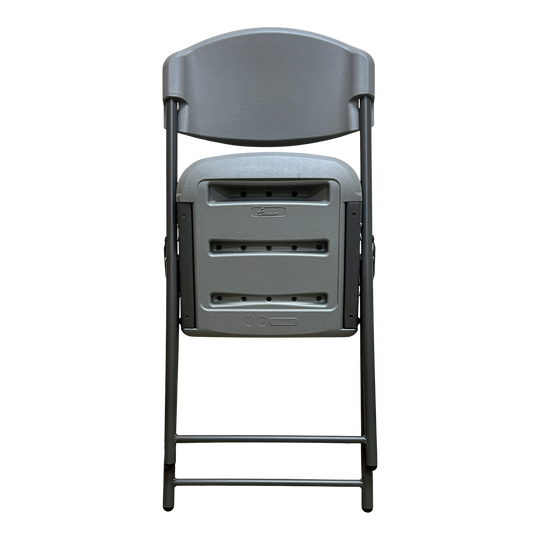 A folded charcoal chair standing upright. 