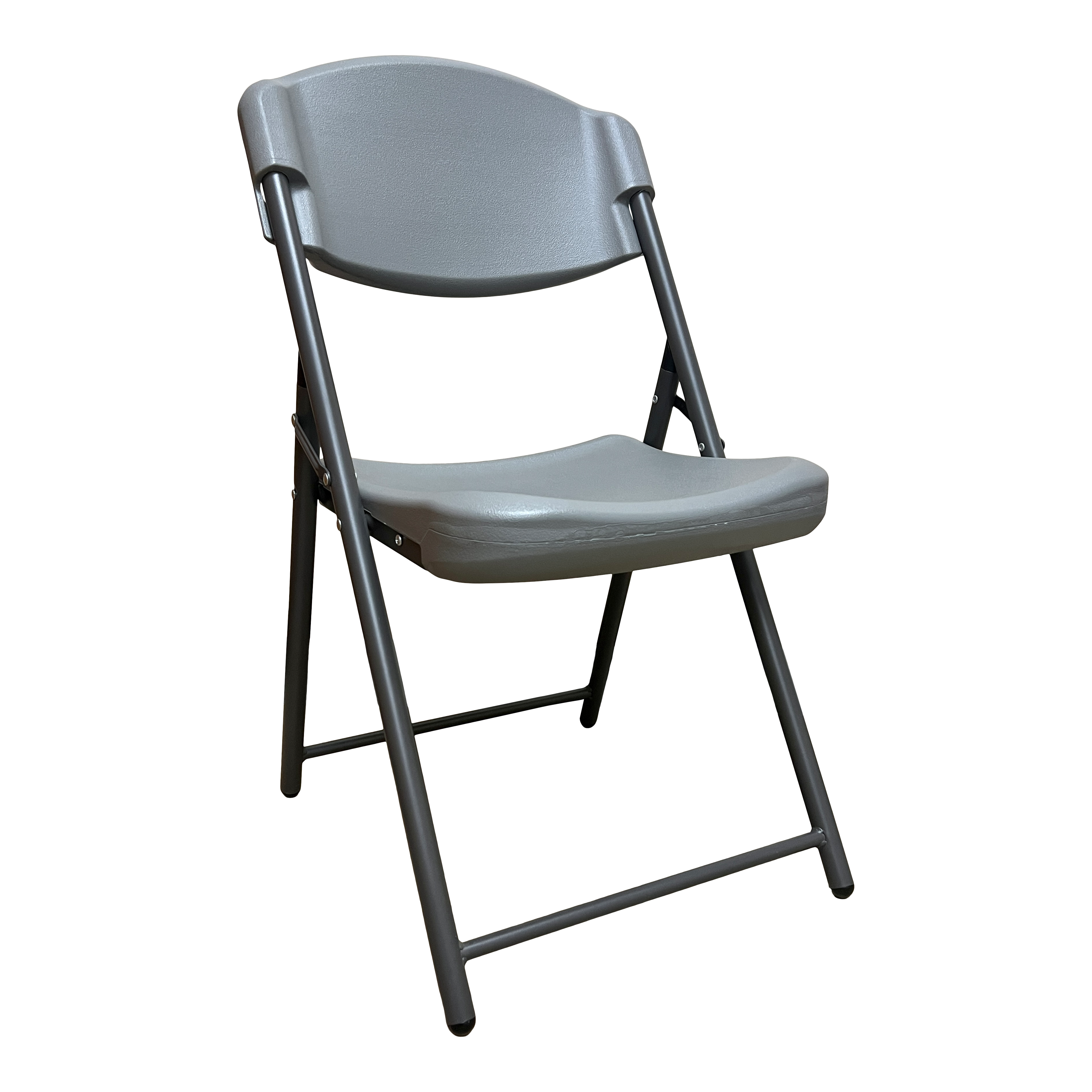 A charcoal folding chair. 