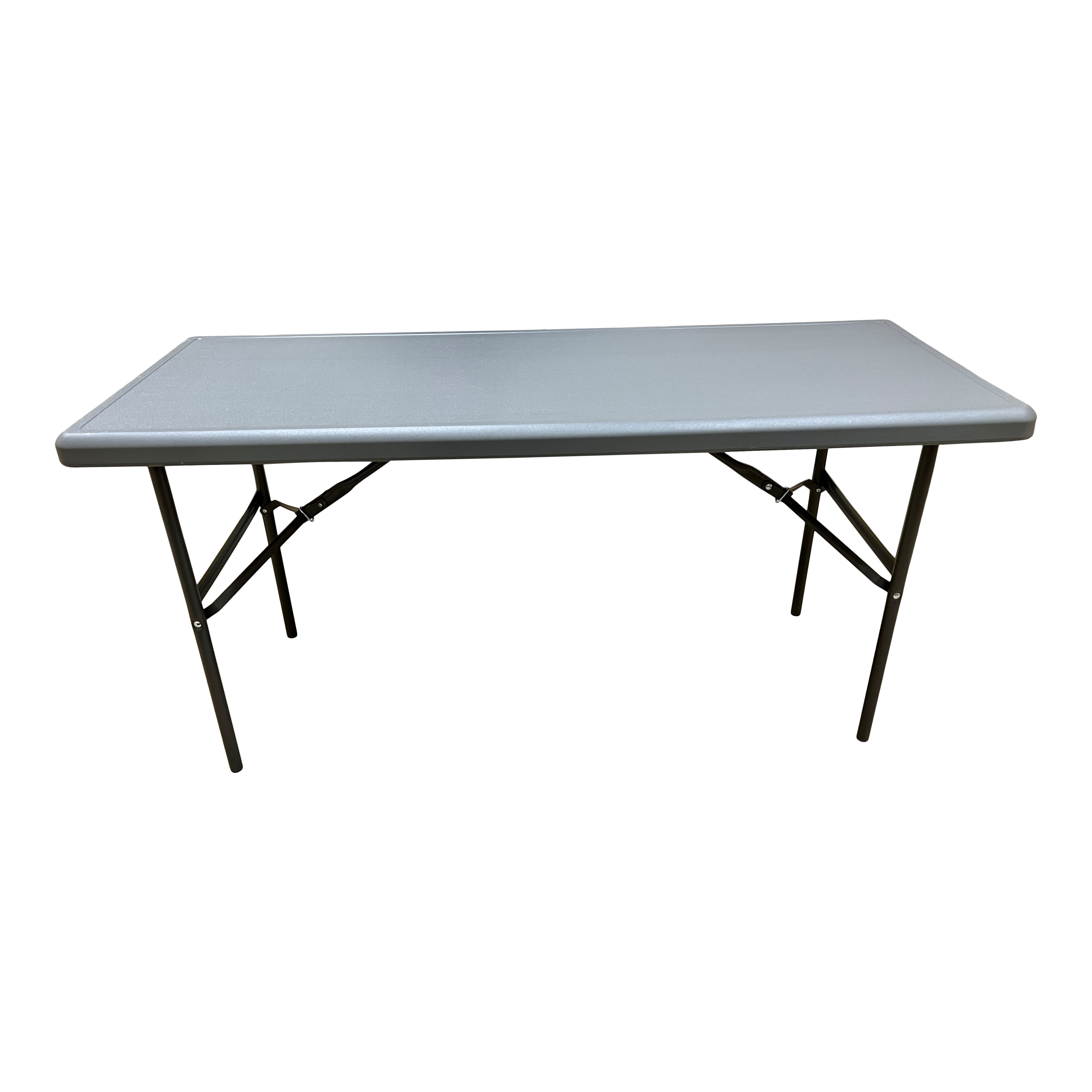 A charcoal five-foot folding table.