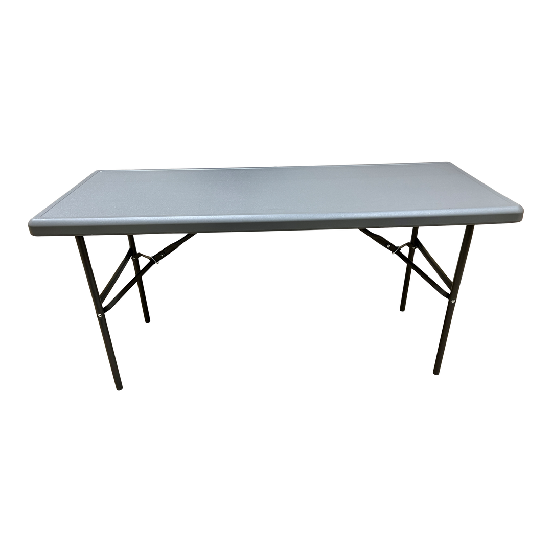 A charcoal five-foot folding table.