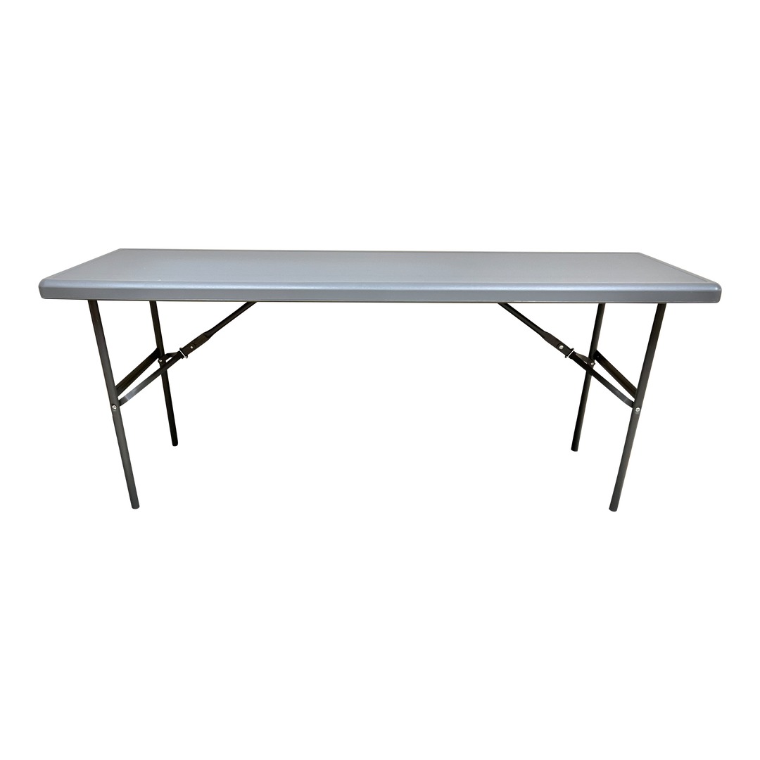 A charcoal six-foot folding table.