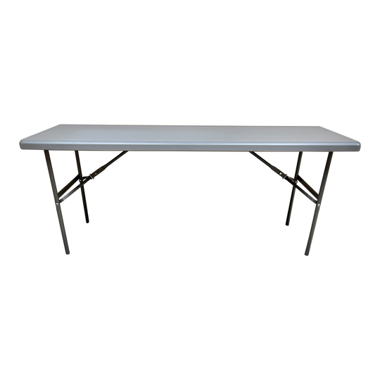 A charcoal six-foot folding table.