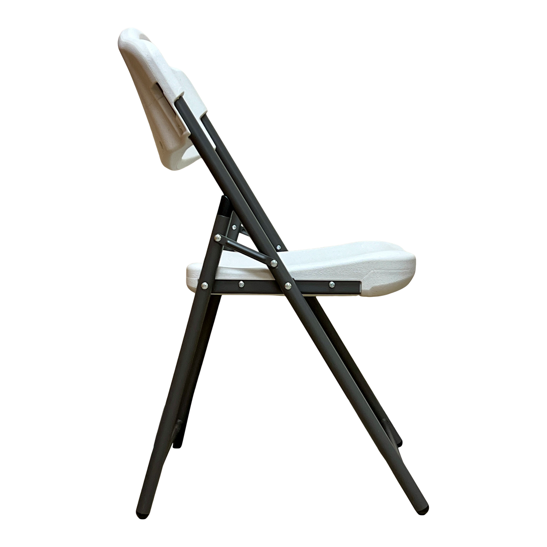 A side view picture of a platinum folding chair.
