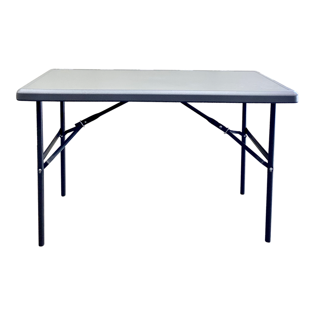 A charcoal four-foot folding table.