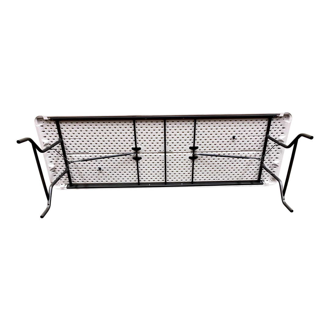 An underside view of a platinum table standing on its side. 
