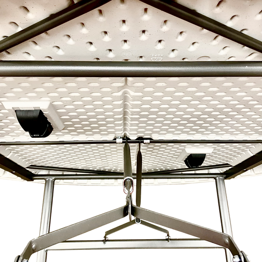 A close underside view of a platinum table. 